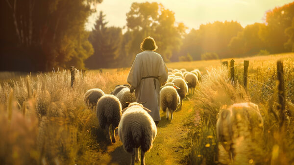 A shepherd leading a group of sheep