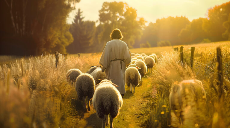 A shepherd leading a group of sheep