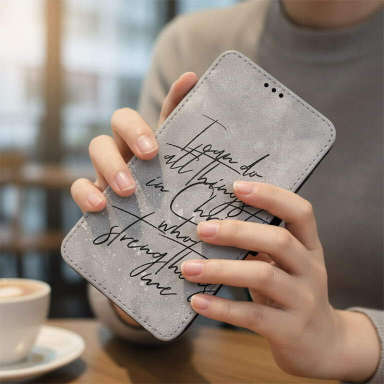 A person holding "I can do all things in Christ" wallet case.