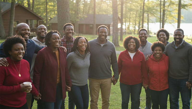 A group of church members enjoying at the cabin from a retreat.
