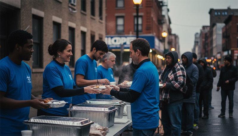 a street of homeless people lined up for food.