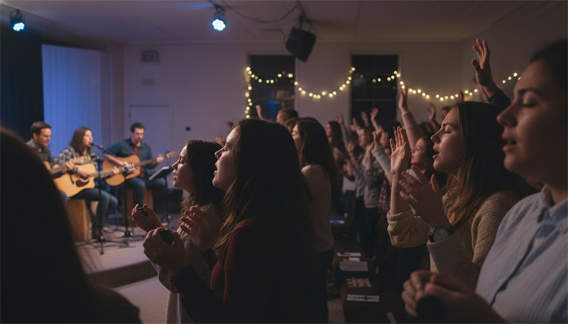 A youth group worship God with praise.