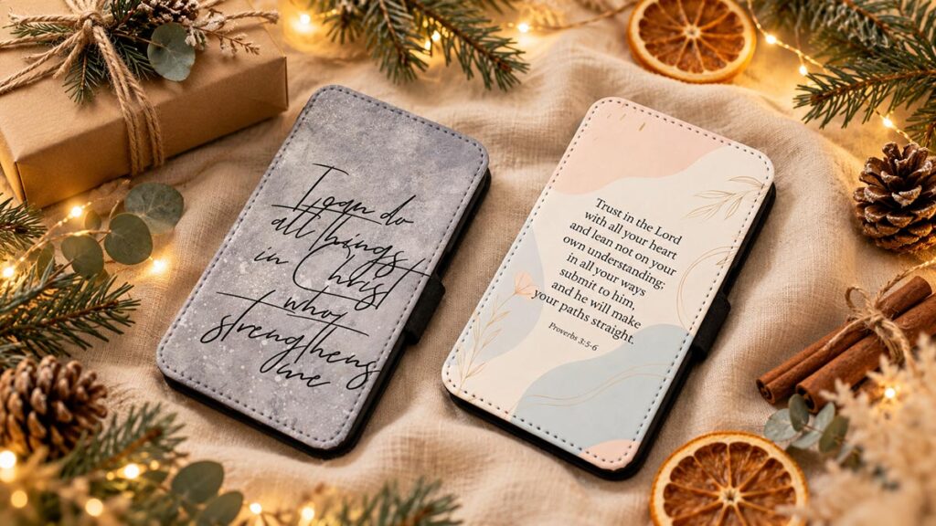 Christian Christmas gifts featuring Bible verse wallet phone cases on a festive holiday flat lay