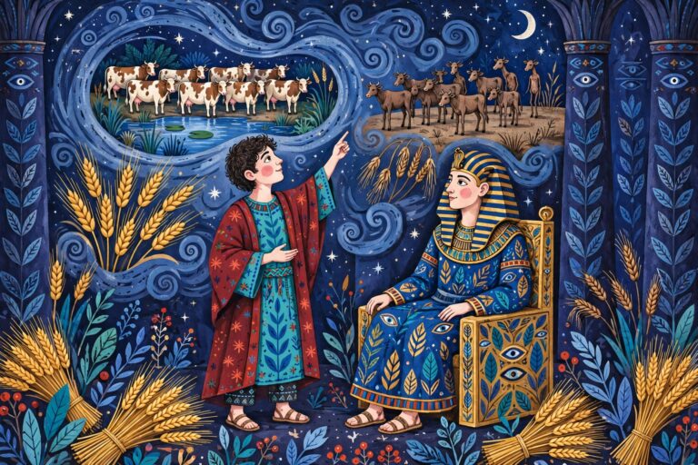 Illustration of Joseph interpreting Pharaoh's dream — seven fat cows, seven thin cows, and golden grain, Genesis 41